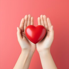 Obraz premium hands holding shiny red heart isolated on plain studio background, made with generative ai 