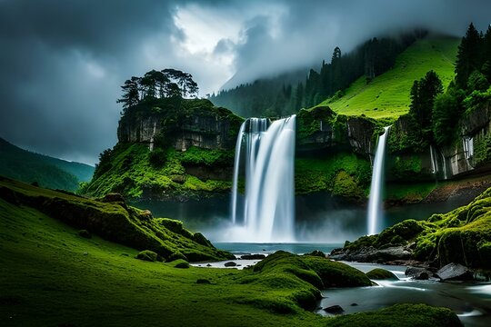 waterfall in the forest with heavy clouds