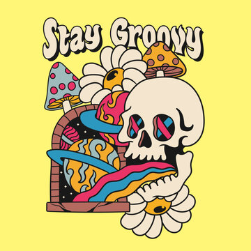 90s groovy skulls head with rainbow and some daisy flower