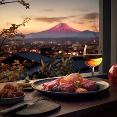Delicious food and wine with Mt. Fuji , Japan (AI generative)