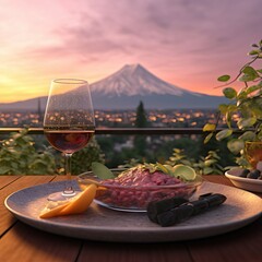Delicious food and wine with Mt. Fuji , Japan (AI generative)