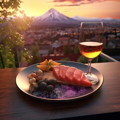 Delicious food and wine with Mt. Fuji , Japan (AI generative)