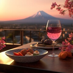 Delicious food and wine with Mt. Fuji , Japan (AI generative)