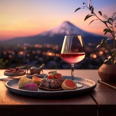 Delicious food and wine with Mt. Fuji , Japan (AI generative)
