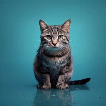 wet cat sitting isolated on plain blue studio background made with generative ai