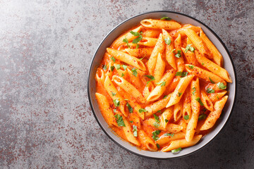 Delicious plate of italian food pink sauce pasta closeup on the bowl on the table. Horizontal top...