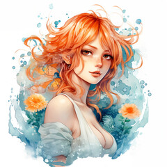 Watercolor illustration of a girl with orange hair