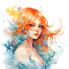 Watercolor illustration of a girl with orange hair
