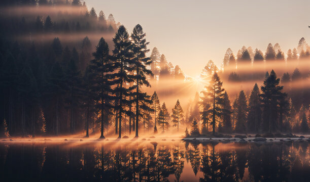 AI Generated image of Landscape of forest with mist in the morning ,ray light Generative AI