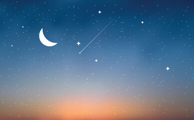 Twilight sky light glowing from horizon. Moon stars night background