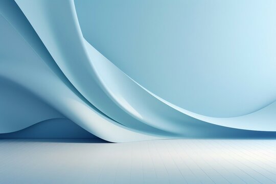 Fototapeta ペーパークラフト風背景。水色の曲線的な壁がある抽象的な空間。AI生成画像