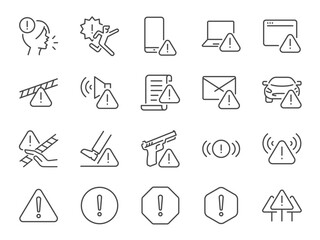 Warning icon set. It included alerts, notifications, caution, alarm, and more icons. Editable Vector Stroke.
