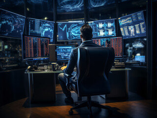 Trader Sitting on Chair , Monitoring Stock Trading on Blue-Themed Display Generative ai