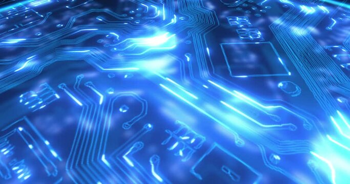 Microchip, motherboard and technology, circuit and programming, cloud computing and computer system. CPU, neon and hardware, digital abstract and big data, software and tech server with code pattern