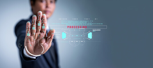 Protect your company's digital data with fingerprint scanning for identity verification. Cloud computing, Smart industry, Internet of things, New technology big data and business process strategy