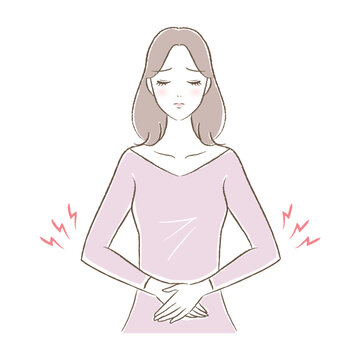 お腹・下腹部が痛む女性のイラスト（生理痛・冷え・妊娠・便秘）