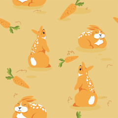 Cute bunnies and hares with carrots on fields