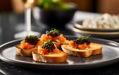 Indulge in a luxurious appetizer of bruschetta, featuring both red and black caviar for a truly gourmet experience. - obrazy, fototapety, plakaty