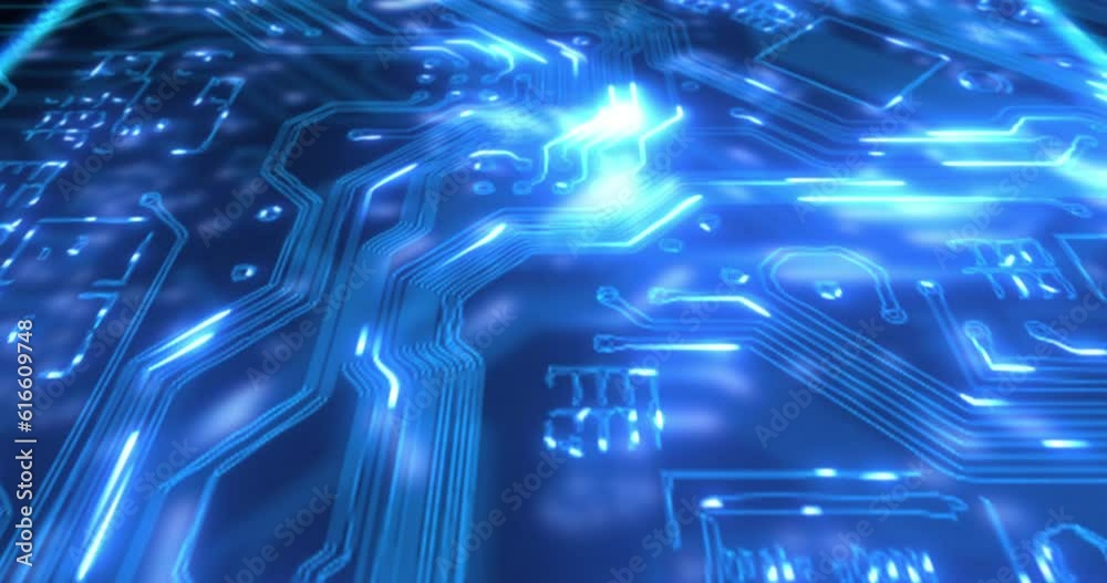 Aufkleber Microchip, circuit board and big data with digital abstract and technology, cloud computing and engineering. Neon, computer hardware, system and programming, IT and motherboard, electronics and CPU