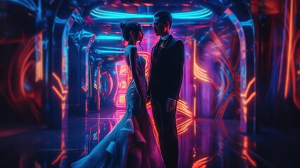 Amazing wedding couple with cyberpunk neon lighting