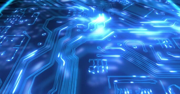 Microchip, circuit board and big data with digital abstract and technology, cloud computing and engineering. Neon, computer hardware, system and programming, IT and motherboard, electronics and CPU