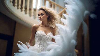 Naklejka premium A beautiful woman in a gorgeous white feather and lace gown standing on a spiral staircase.