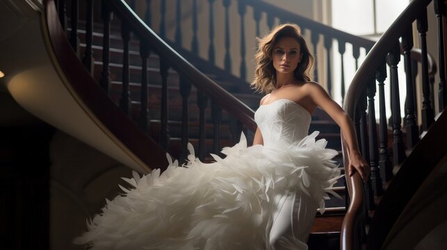 A beautiful woman in a gorgeous white feather and lace gown standing on a spiral staircase.