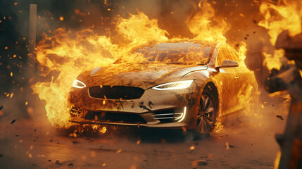Obraz na płótnie Canvas a burning electric car