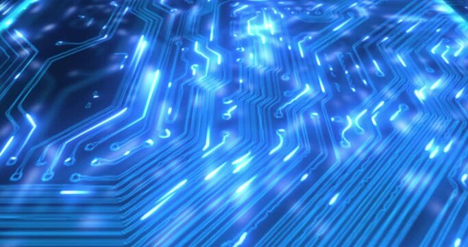 Motherboard, circuit and big data with digital transformation and technology, cloud computing and engineering. Neon computer hardware, system and programming, IT and futuristic, electronics and CPU