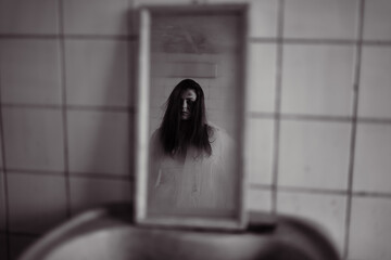Horror movie scene with a creepy face in the mirror, dead bride in white dress looking reflection....