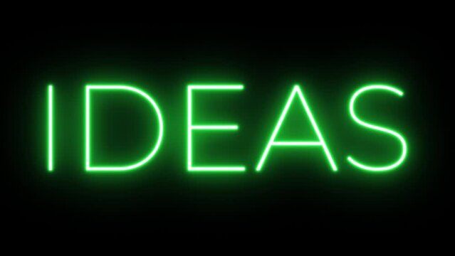Flickering neon green glowing ideas text animated black background