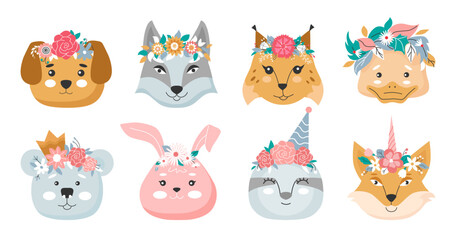 Obraz na płótnie Canvas Animal heads in flower crowns set. Cute vector illustration for children design, poster, birthday greeting cards. 