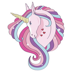 White Unicorn vector illustration for children design. Rainbow hair. Isolated. Cute fantasy animal.