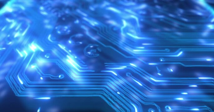Digital hologram, microchip and closeup of circuit board for programming, coding and information technology. Cybersecurity, IT software and processor for computer server, database and motherboard
