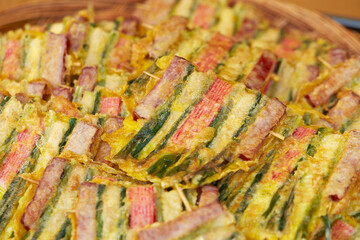 Korean traditional food, grilled meat and vegetables on skewers