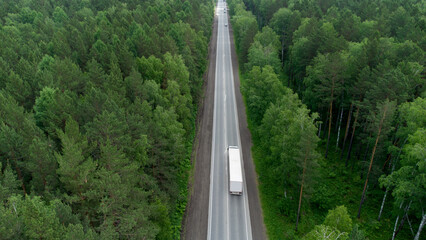 Fototapeta na wymiar Aerial view of green forest and red car on the road. Bird's eye. Travel concept.