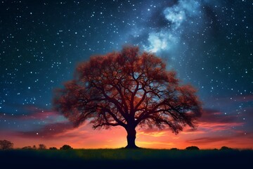 Fototapeta na wymiar 満天の星空と１歩の木　with generative ai