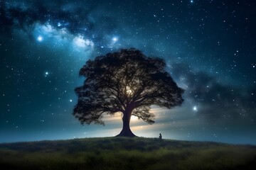 Fototapeta na wymiar 満天の星空と１歩の木　with generative ai