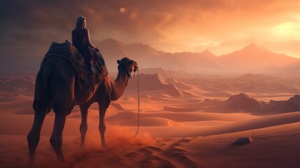 A women muslim riding camel in a desert