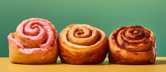 three buns with frosting on the top and one pink donut in the middle Generated by AI