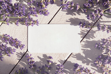 Empty greeting card mockup, horizontal invitation template on blue and pink background