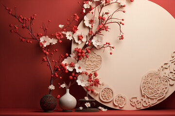 Obraz na płótnie Canvas Chinese New Year-Inspired Interior Design Concept Featuring Cherry Blossoms and Traditional Red Accents
