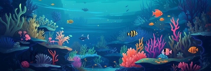 Underwater cartoon flat background with fish silhouette, seaweed, coral. Ocean sea life, cute design.Generative ai