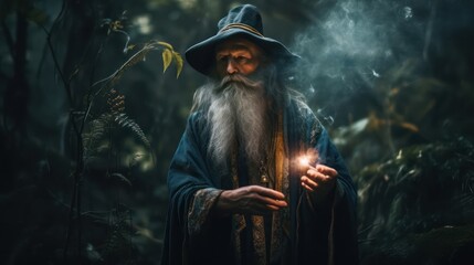 A wizard with a long beard casts a spell in a dense forest