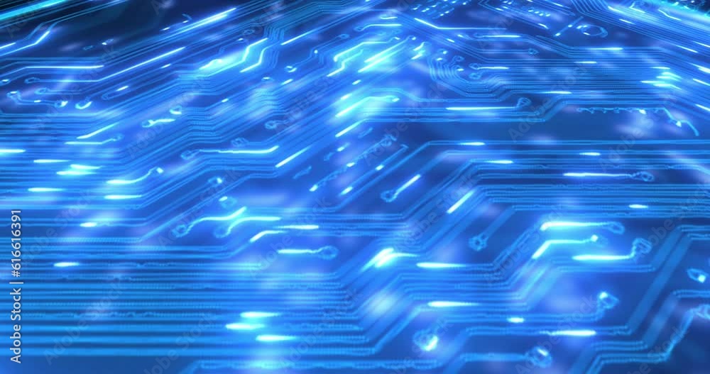 Aufkleber Microchip, system and light for futuristic data in stream, innovation or 3d circuit process in information technology. Digital transformation, computer engineering or programming by black background