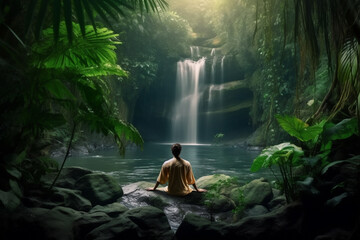 Fototapeta na wymiar A nature lover meditating beside a tranquil waterfall generative AI