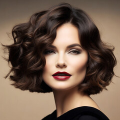 Imagine a radiant photograph of a woman with a voluminous, wavy bob, showcasing her confidence and style, generative ai.