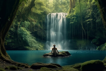 A nature lover meditating beside a tranquil waterfall generative AI
