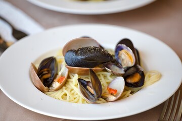 plate of spaghetti with mussels