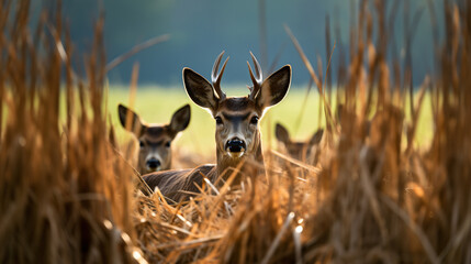 group of deers standing on a field at the at the edge of a forest at daylight